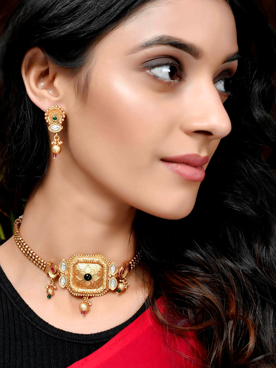 Shoshaa Gold-Plated White & Green Stone-Studded Necklace Set