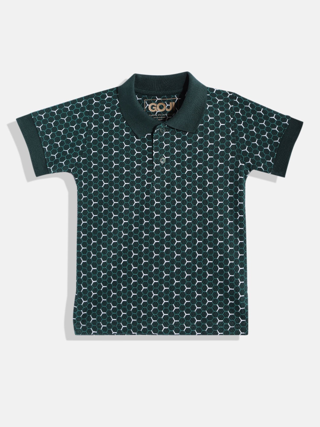 GOJI Boys Green & White Printed Polo Collar T-shirt