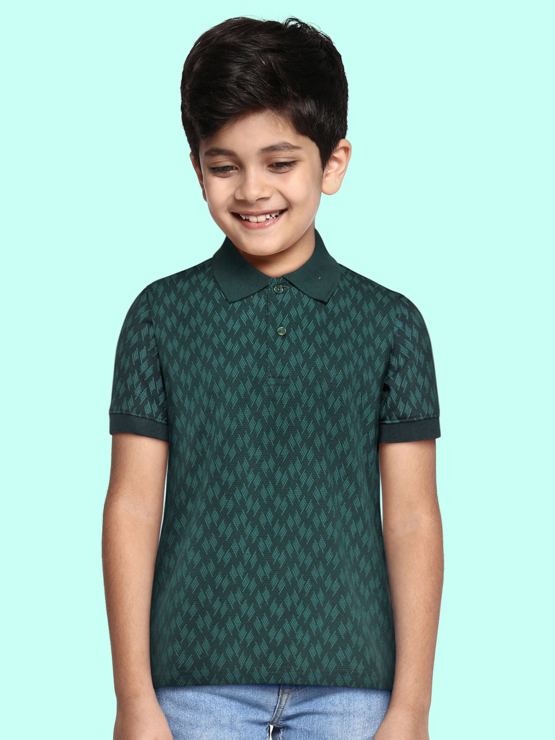 GOJI Boys Teal Green Printed Polo Collar T-shirt