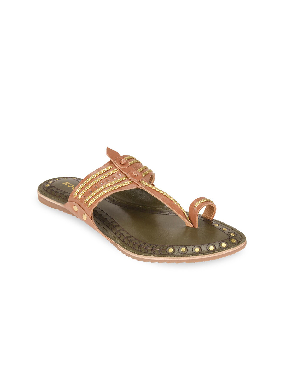 Rocia Women Tan T-Strap Kolhapuri Flats