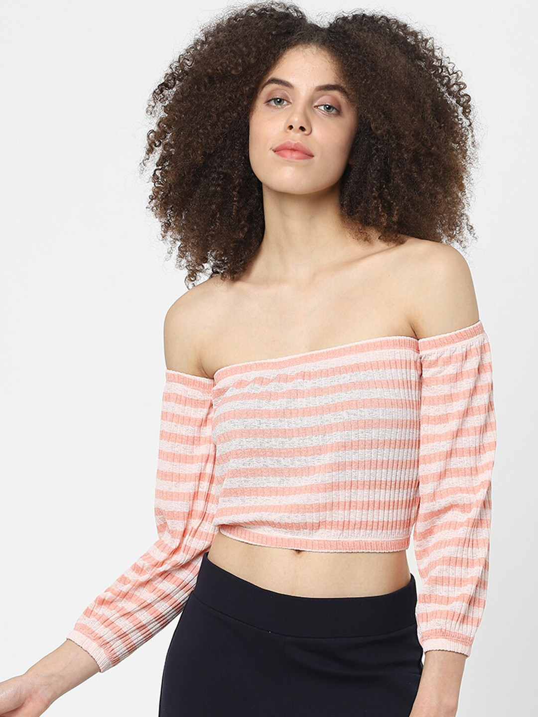ONLY Peach-Coloured Striped Off-Shoulder Bardot Crop Top