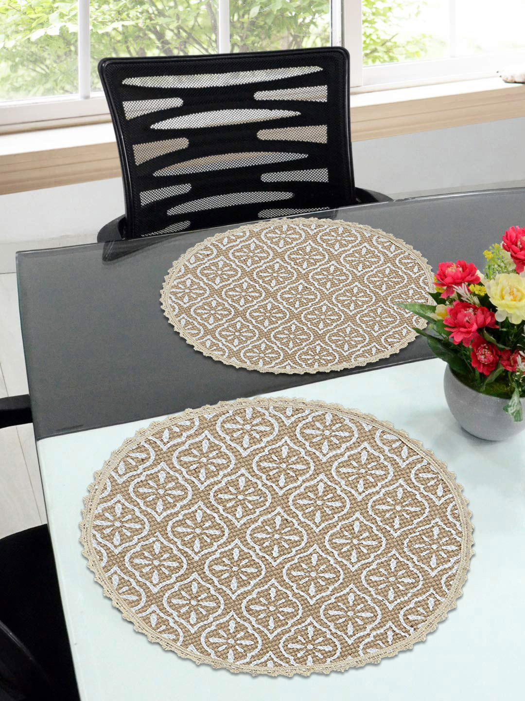 Saral Home Set of 2 Beige & White Printed Table Placemats