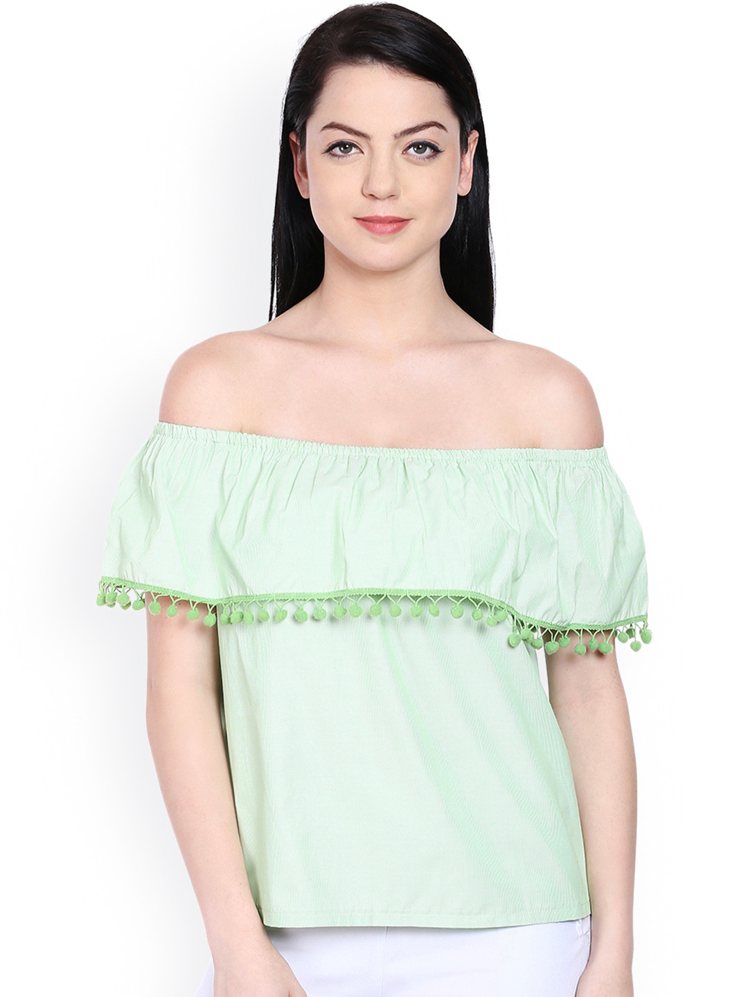 Style Quotient Sea Green Striped Bardot Pure Cotton Top