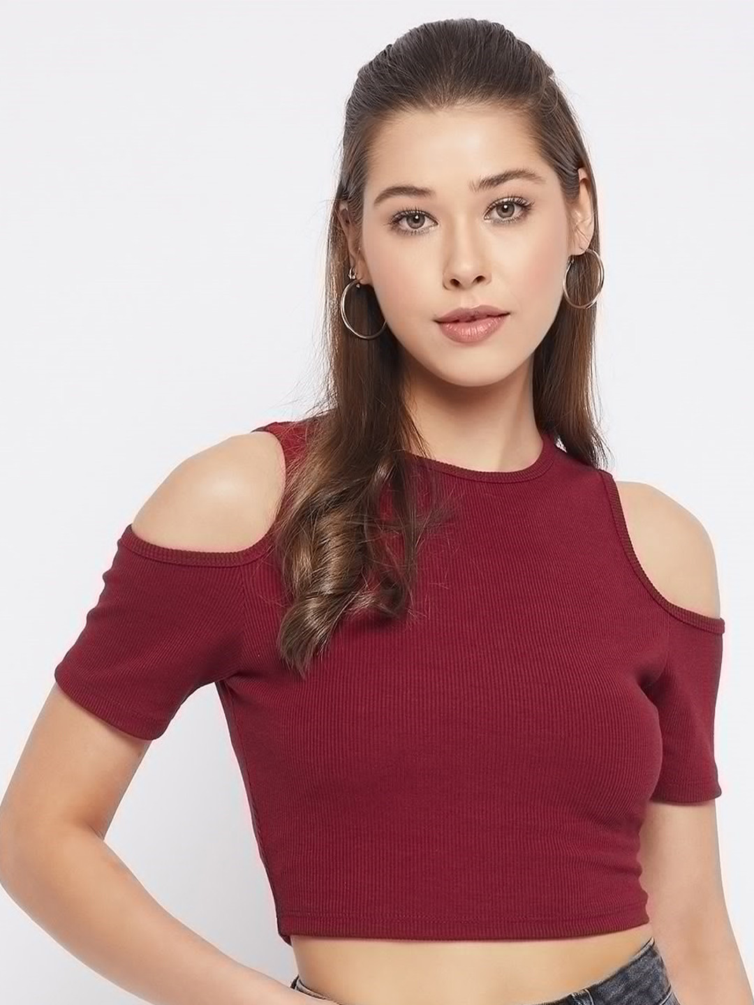 LE BOURGEOIS Maroon Slim Fit Cold Shoulder Crop Top