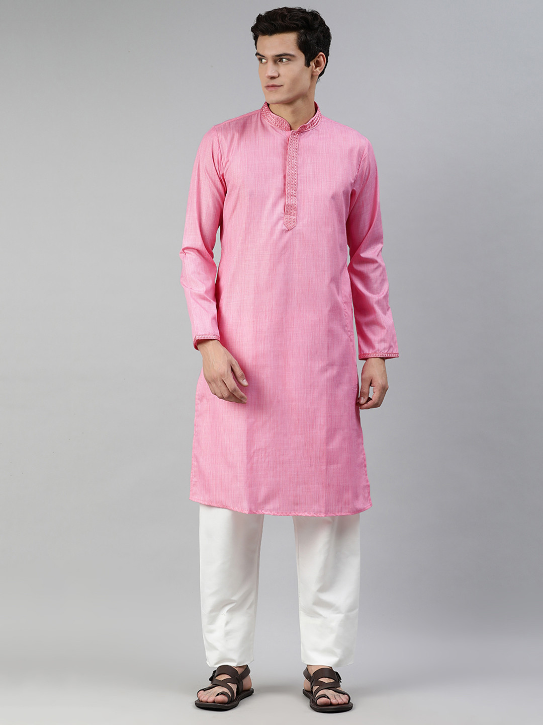 Manthan Men Peach-Coloured & Pink Solid Straight kurta
