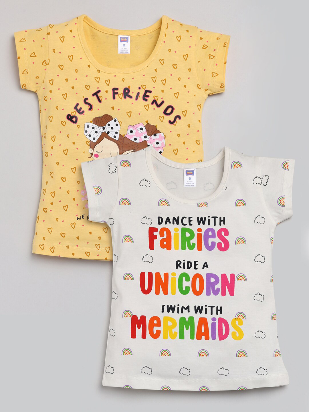 Nottie Planet Girls Pack Of 2 Yellow & White Typography Printed T-shirt
