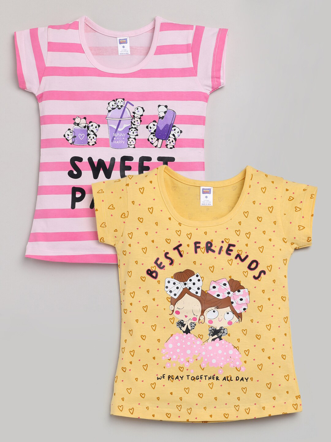 Nottie Planet Girls Multicoloured Set of 2 Graphic Printed Cotton T-shirt