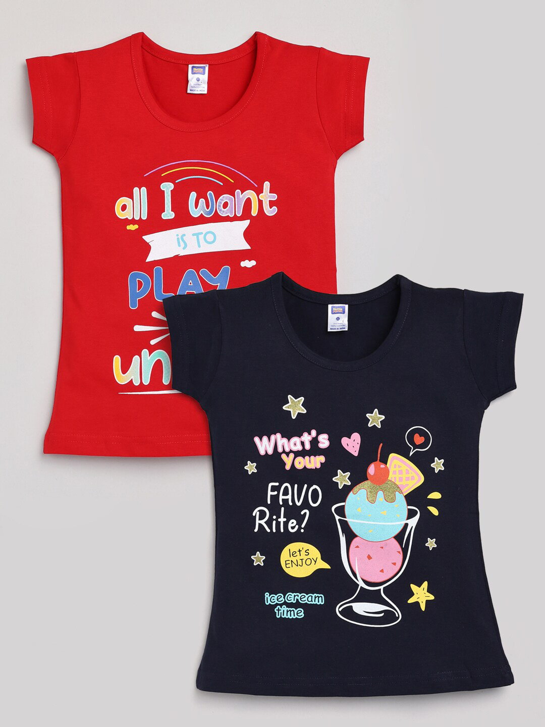 Nottie Planet Girls Pack of 2 Red & Navy Blue Printed T-shirts