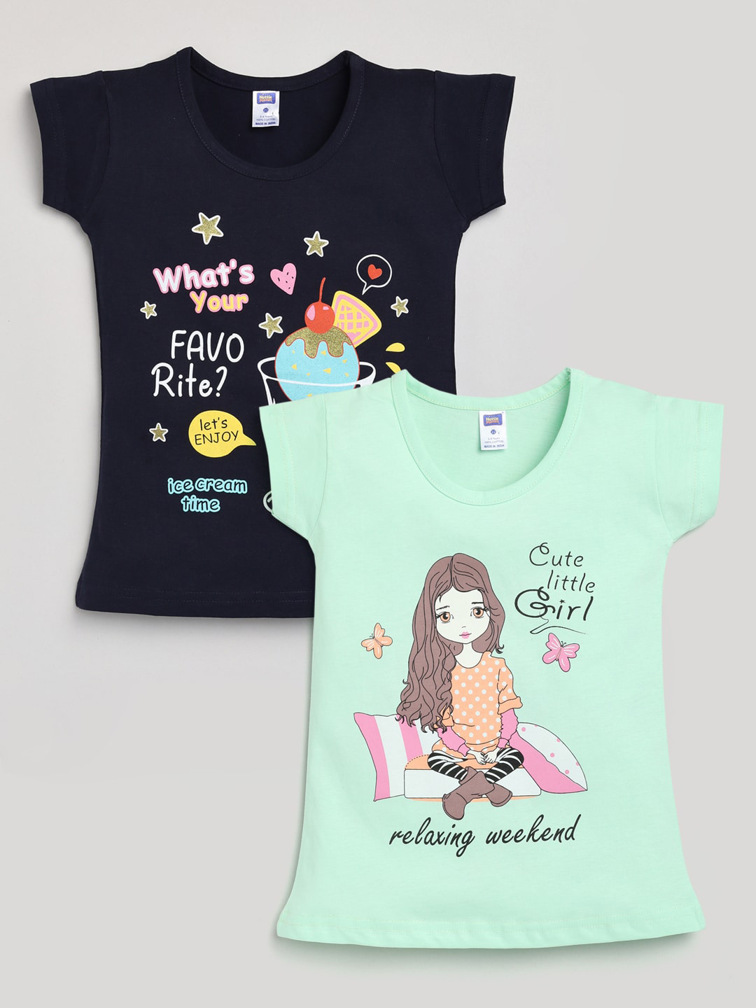 Nottie Planet Girls Navy Blue & Sea Green Printed Cotton  T-shirt Pack Of 2