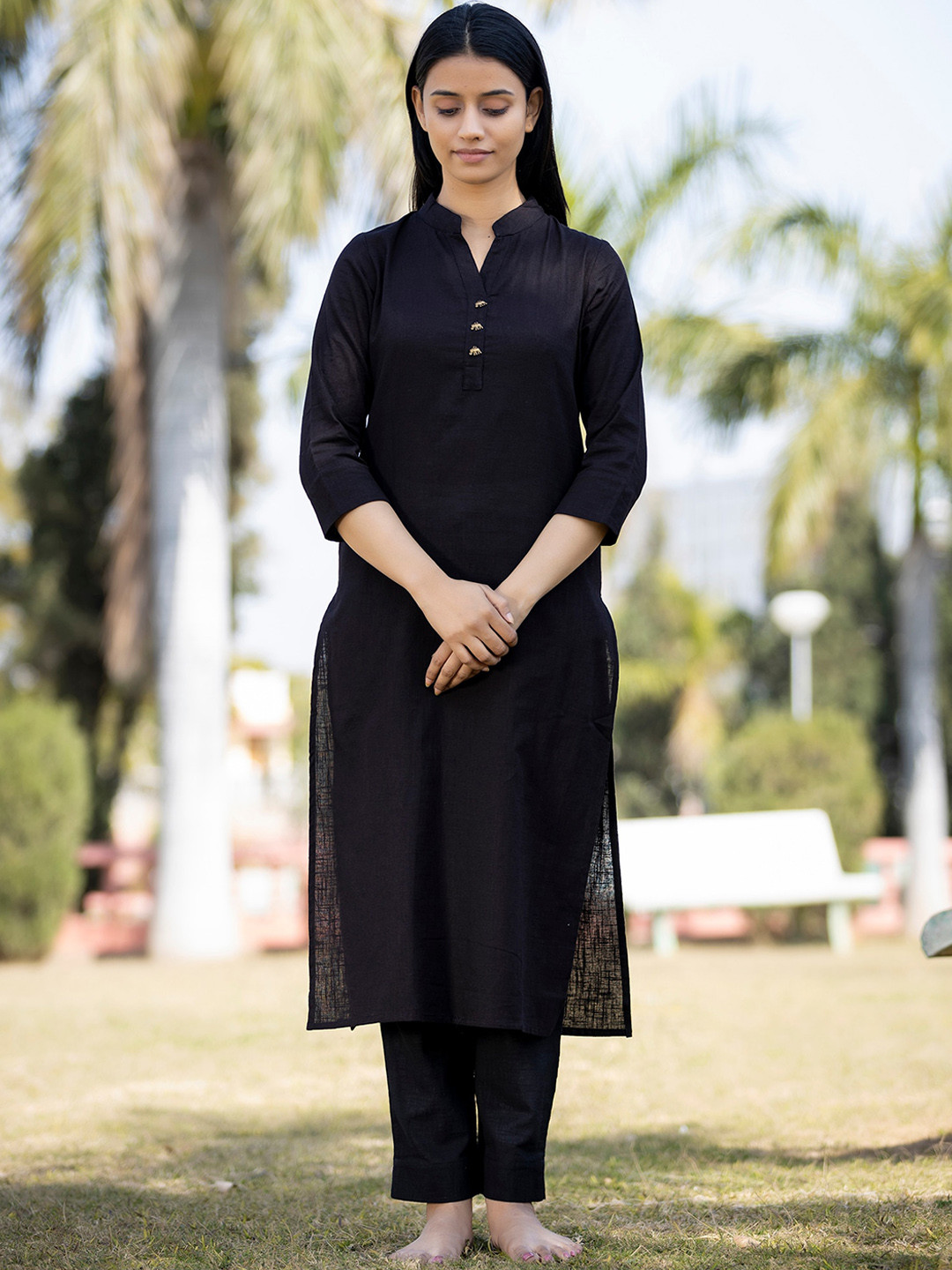 KAAJH Women Black Pure Cotton Yoga Kurta with Trousers