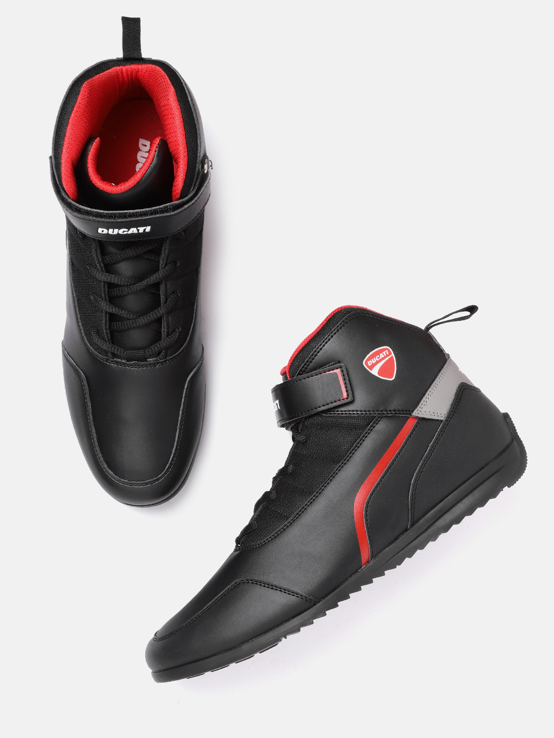 Ducati Men Black & Red Solid Mid-Top Sneakers