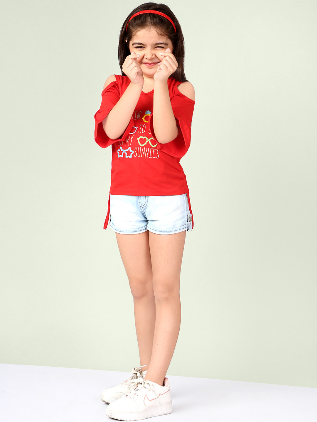 Naughty Ninos Girls Red & Green Embellished Pure Cotton Top with Shorts