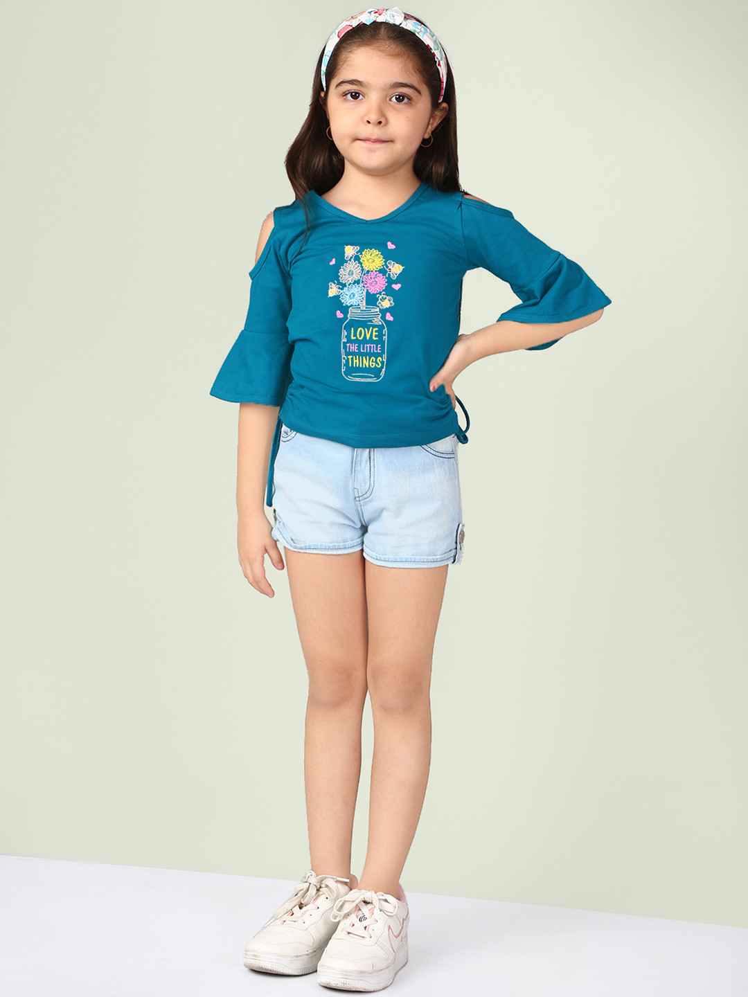Naughty Ninos Girls Teal Blue Printed Pure Cotton Top with Shorts