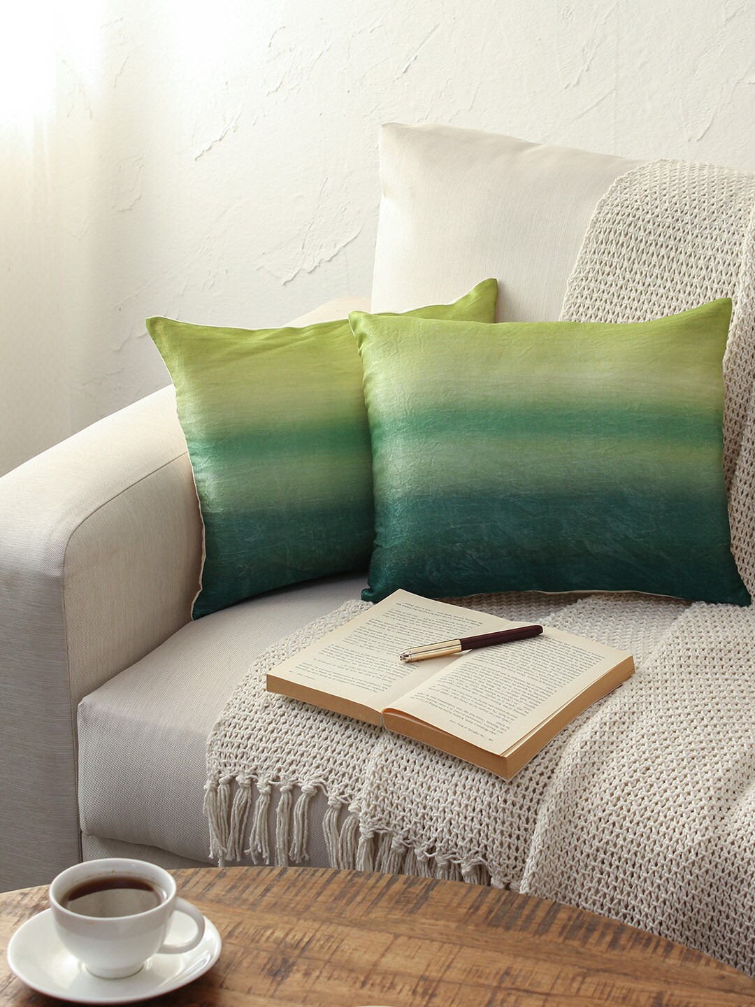 House This Green Set of 2 Colourblocked Cotton Square Cushion Covers