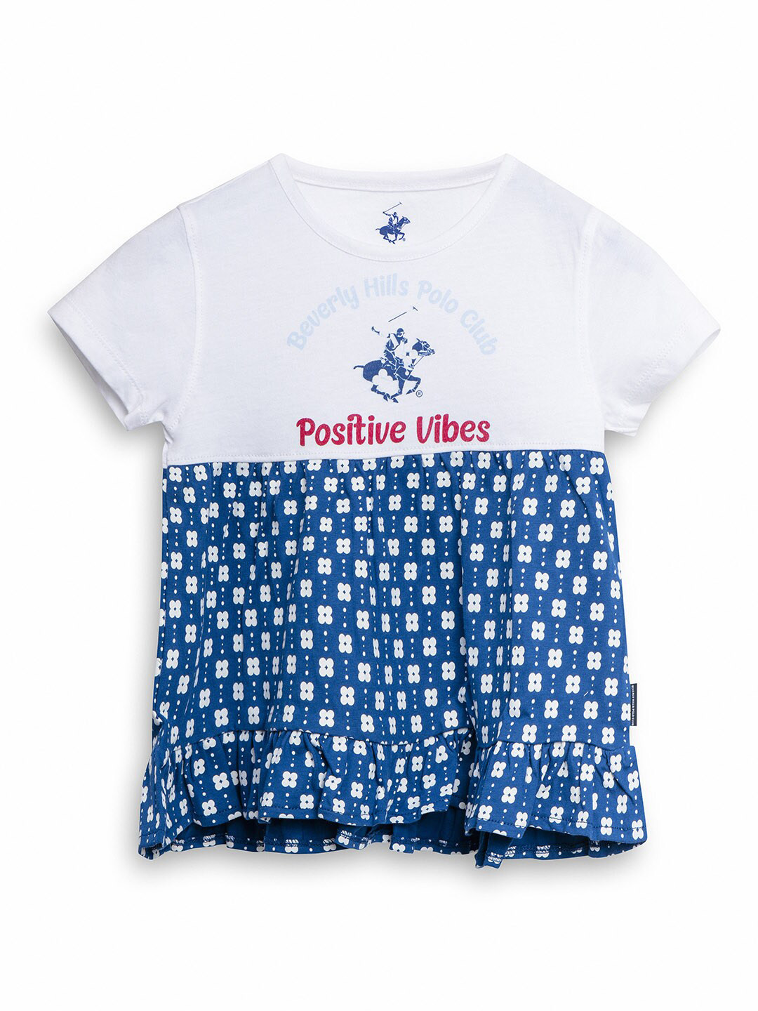 Beverly Hills Polo Club Girls Blue & White Printed Cotton A-Line Dress