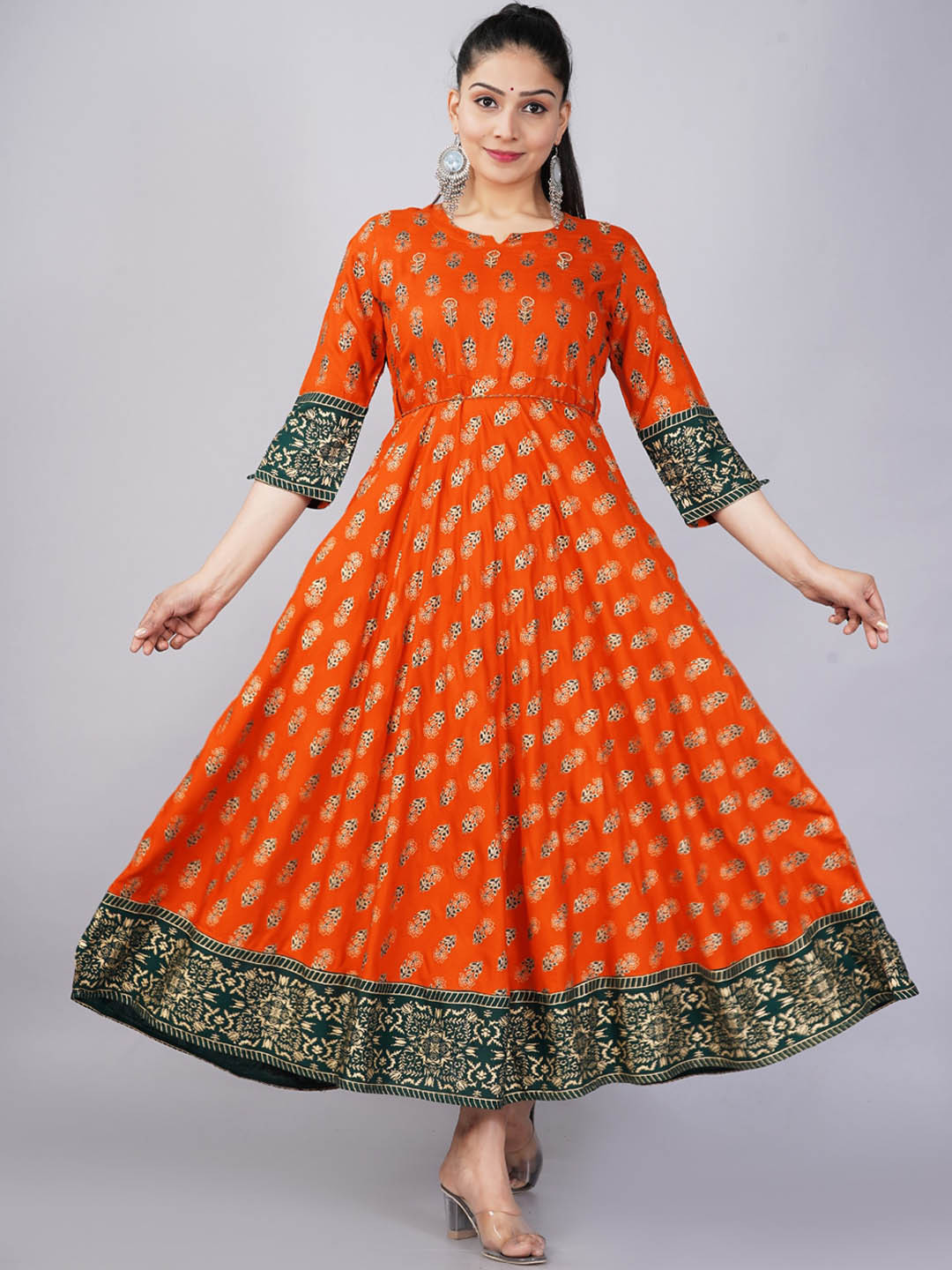 KALINI Orange Ethnic Motifs Ethnic Anarkali Maxi Dress