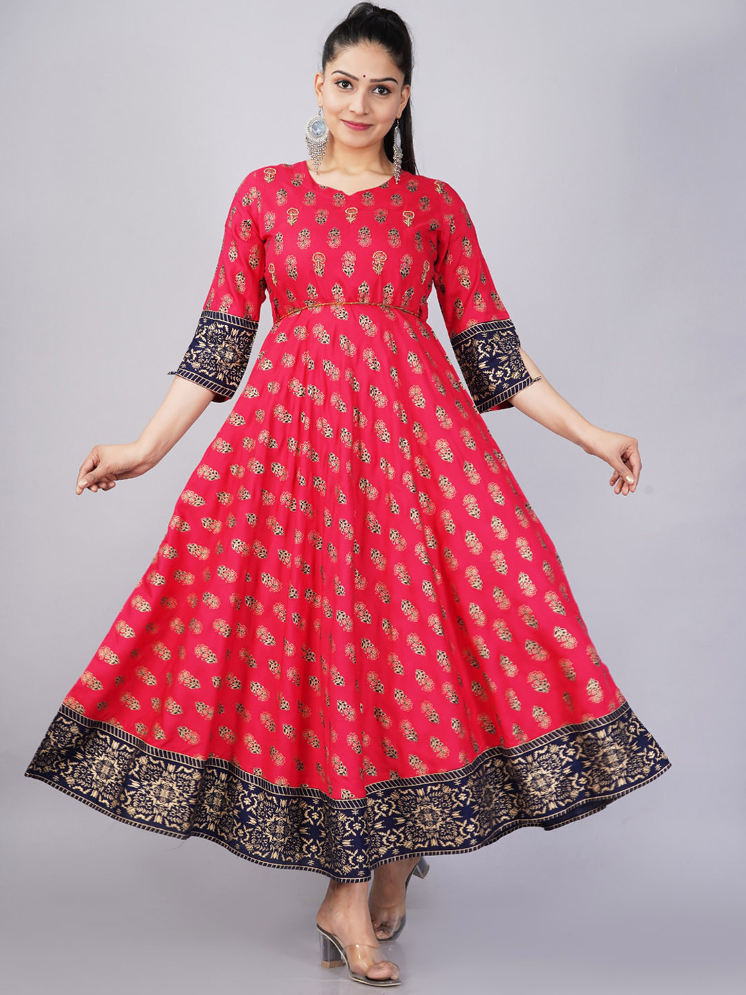 KALINI Pink & Navy Blue Ethnic Motifs Ethnic Anarkali Maxi Dress