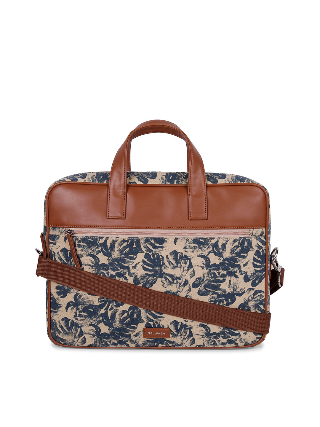 Belwaba Women Beige & Blue Printed Laptop Bag- 16 inch