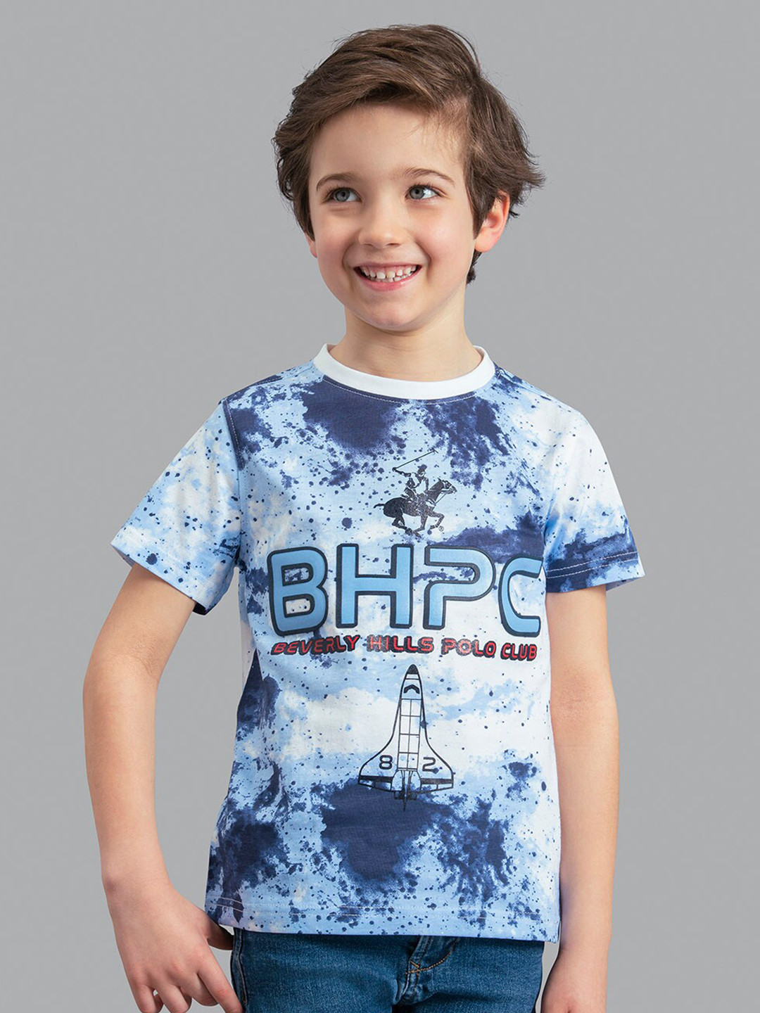 Beverly Hills Polo Club Boys White & Blue Tie and Dye Dyed Cotton T-shirt