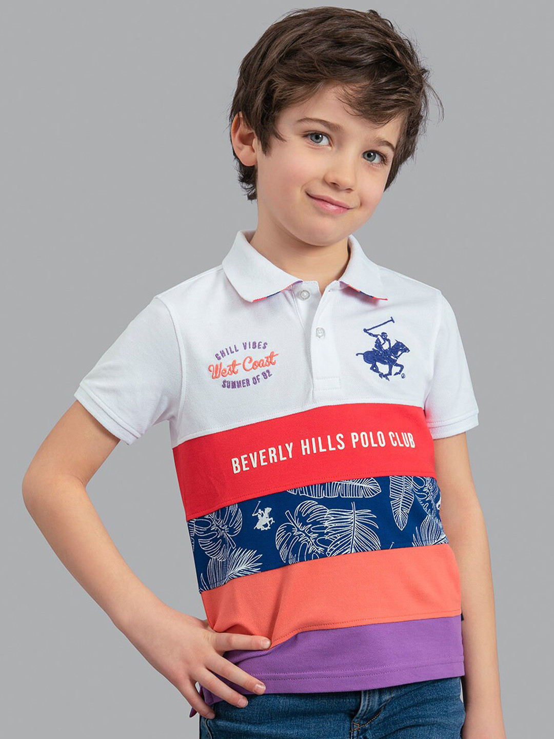 Beverly Hills Polo Club Boys White & Red Printed Polo Collar Cotton T-shirt