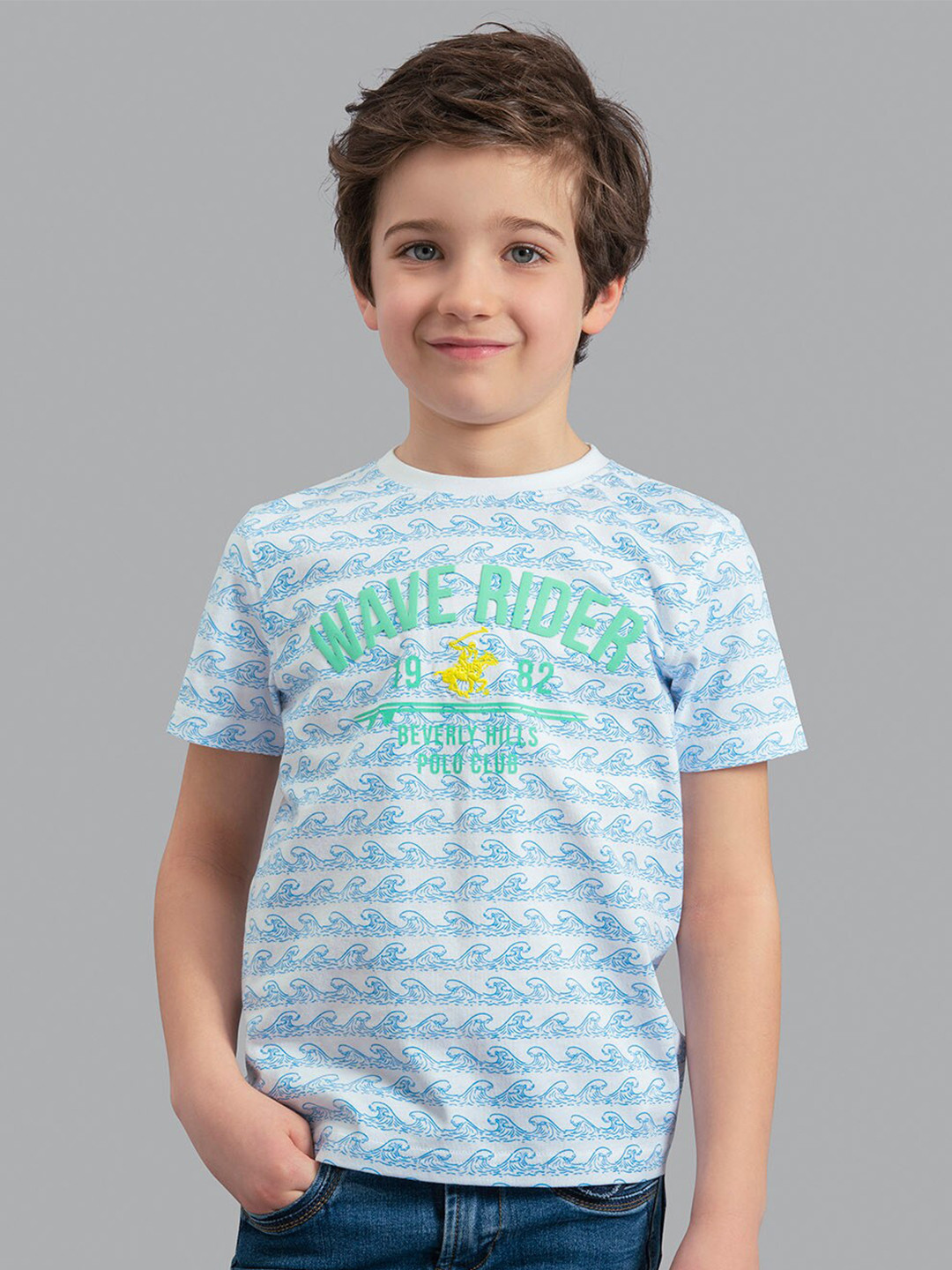 Beverly Hills Polo Club Boys White & Blue Printed Applique T-shirt