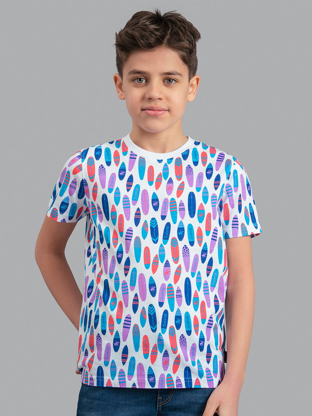 Beverly Hills Polo Club Boys White & Blue Printed T-shirt