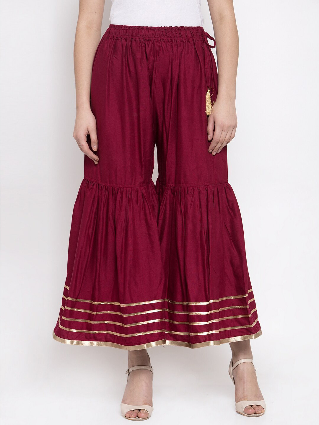 TAG 7 Women Maroon & Gold-Toned Sharara Palazzos