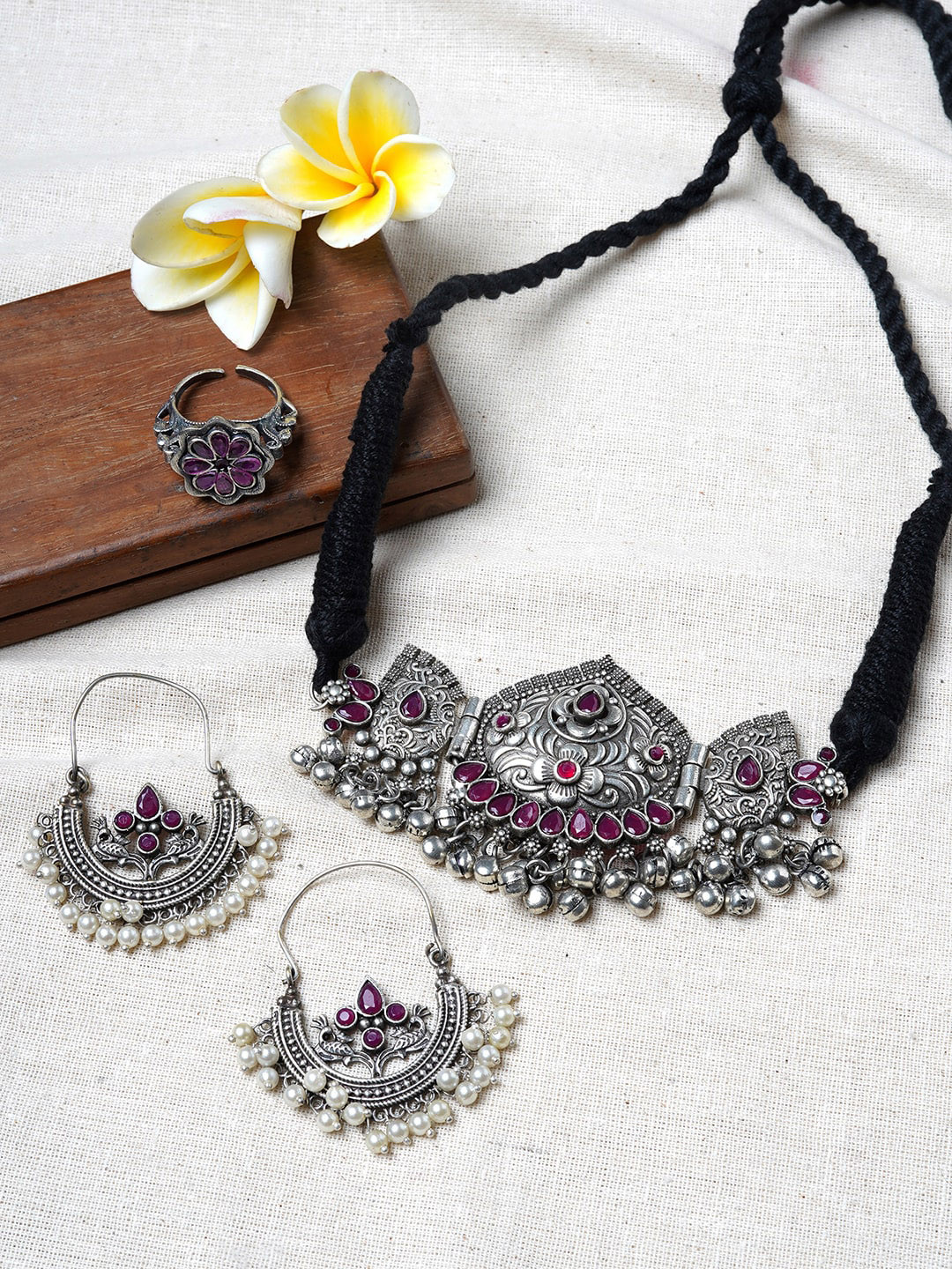 TEEJH Oxidised Silver-Plated Oxidised Jewellery Set