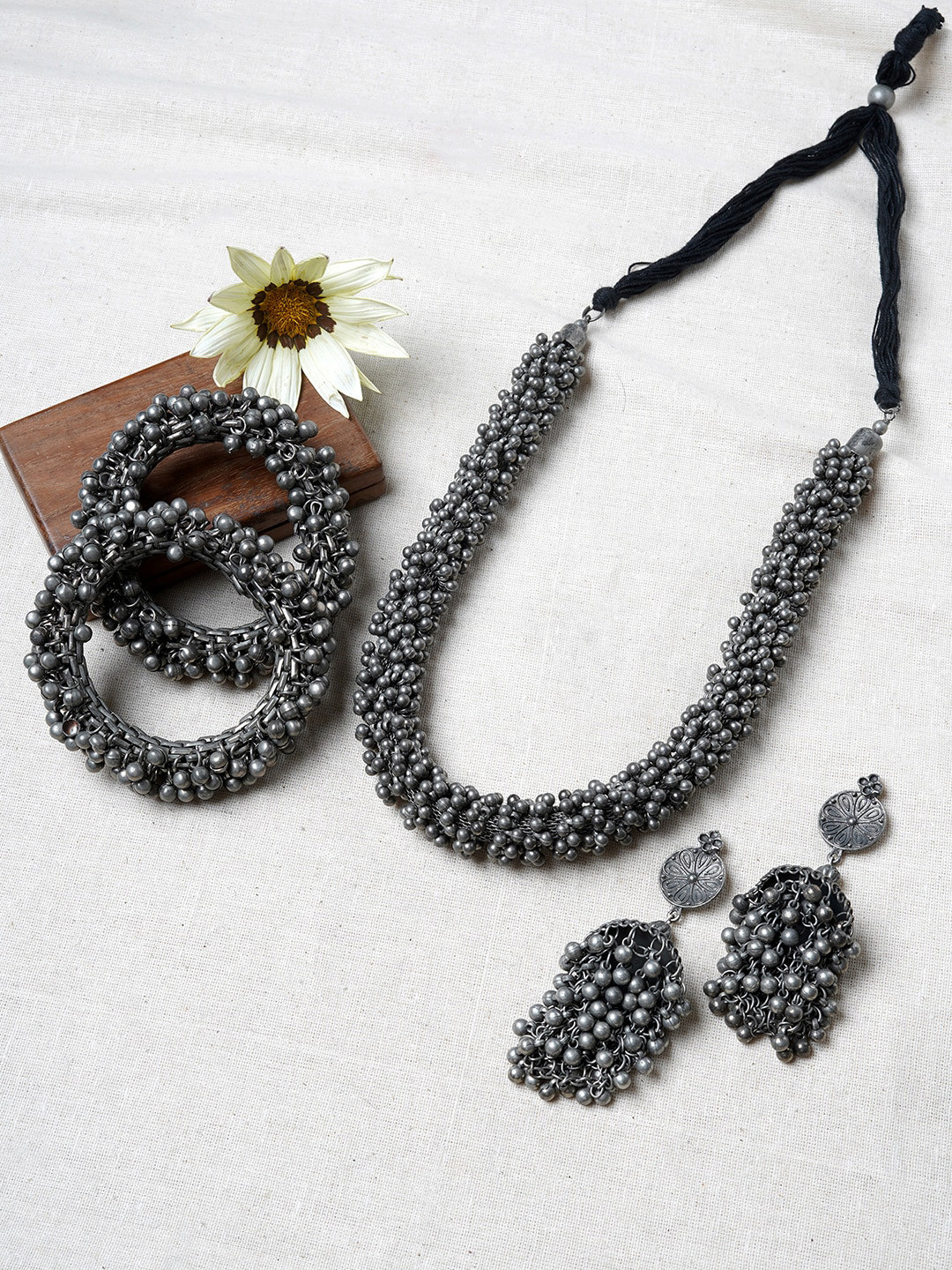 TEEJH Oxidised Silver-Plated Ghungroo Beaded Vini Jewellery Set
