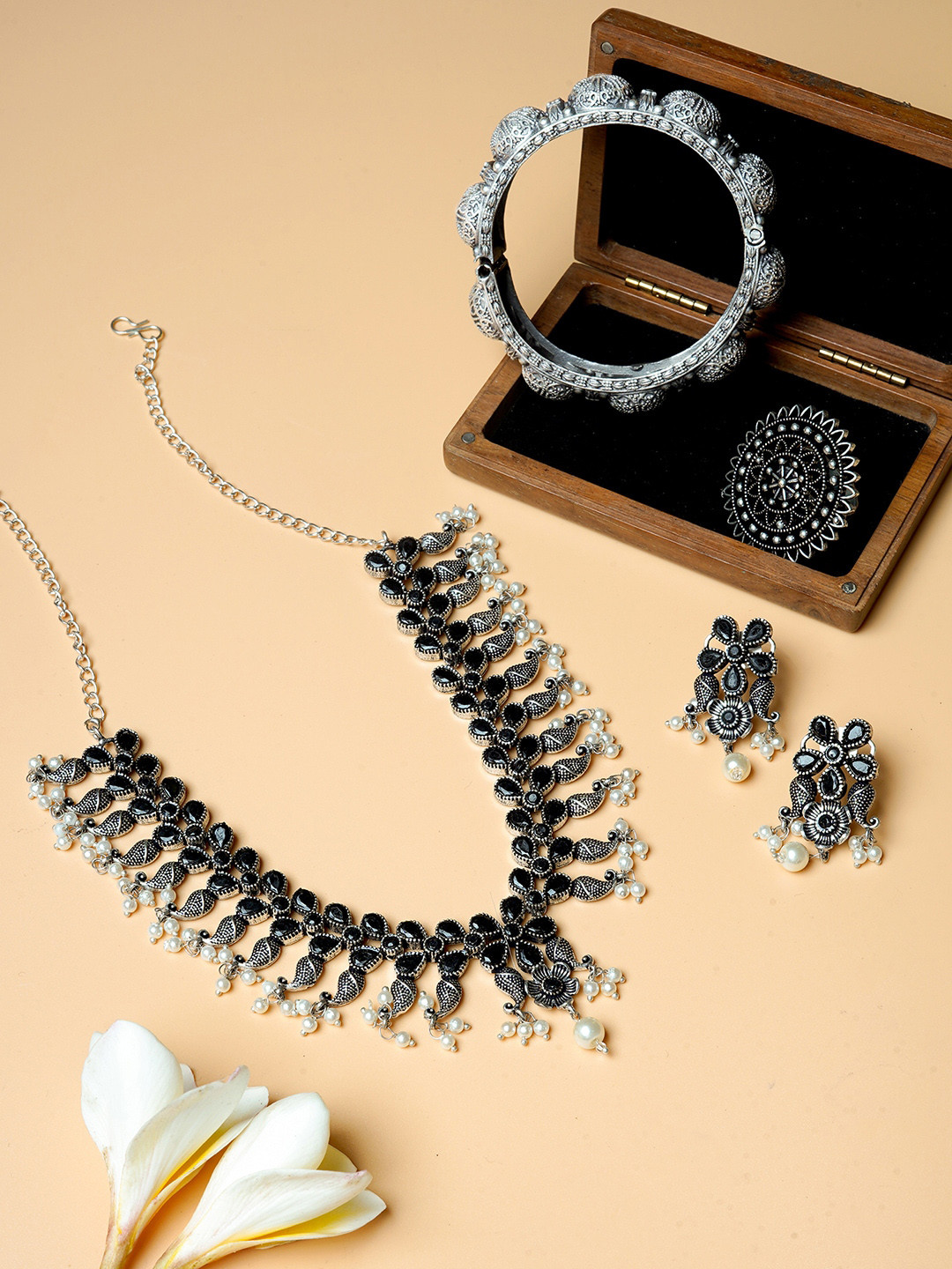 TEEJH Oxidised Silver-Plated Ghungroo Beaded Lasritha Jewellery  Set