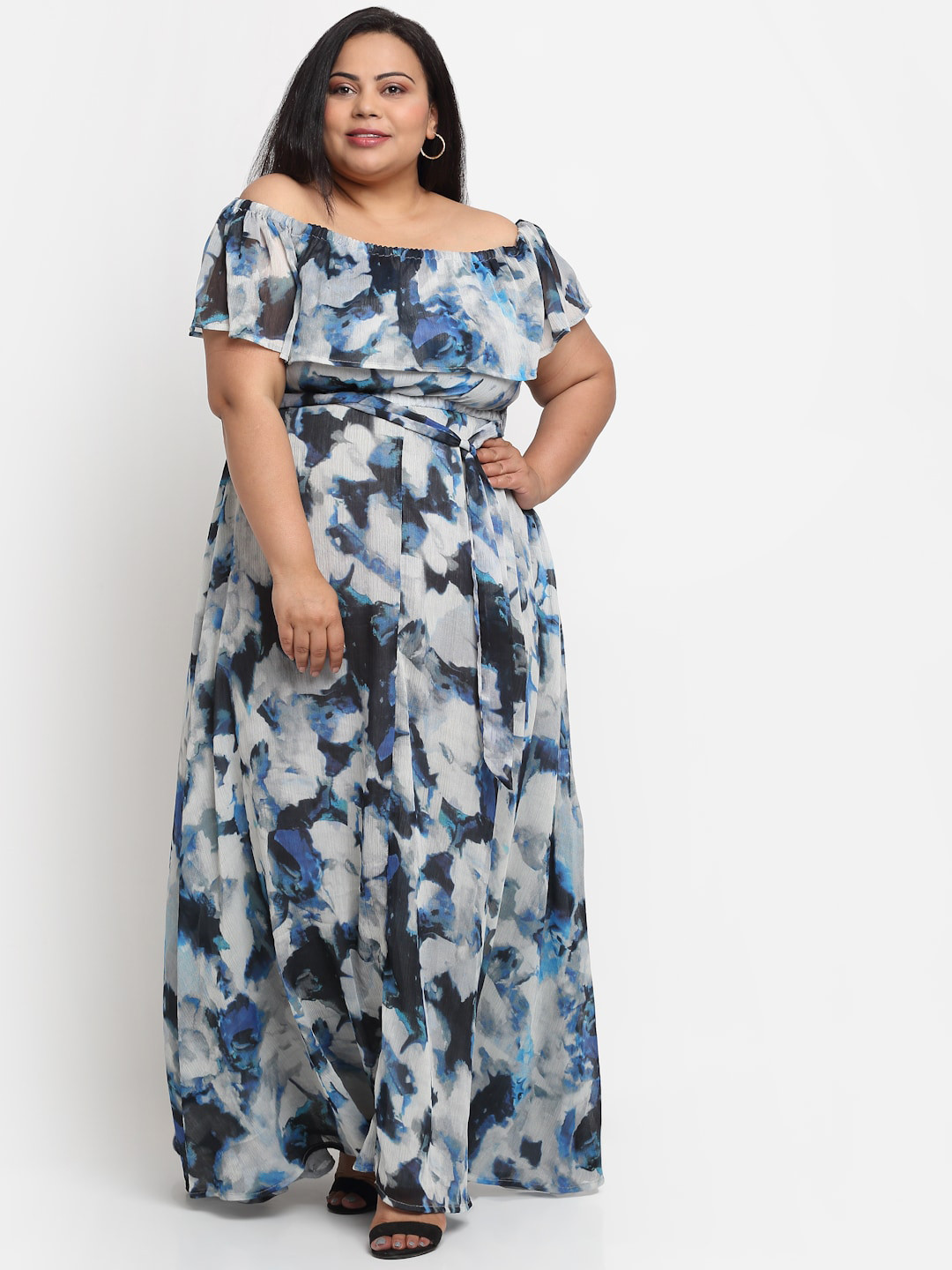 sindrellastorie Plus Size Blue & White Off-Shoulder Georgette Maxi Dress