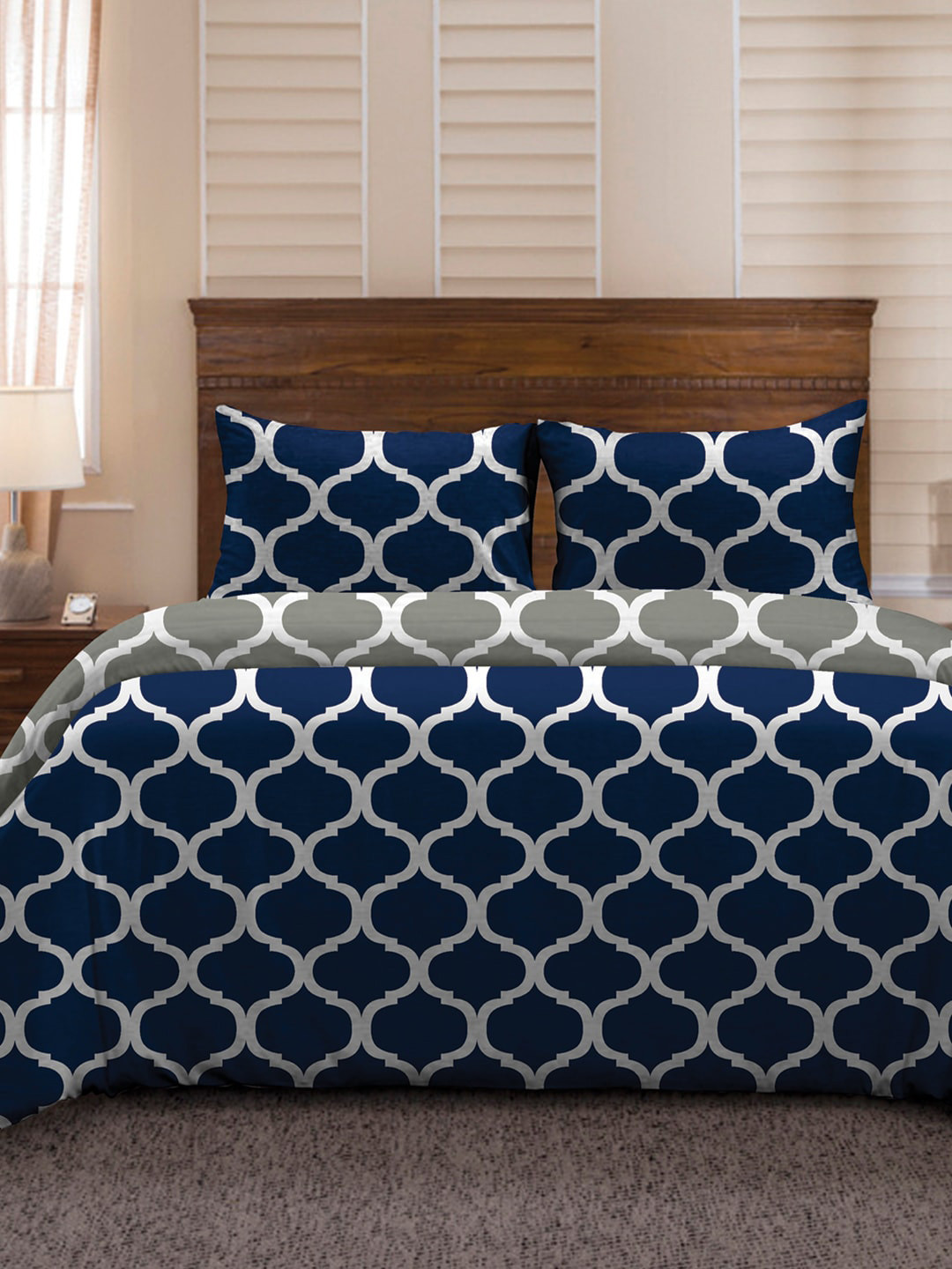 Divine Casa Blue & Grey 150 TC Double Geometric Printed Duvet Cover with 2 Pillow Cases