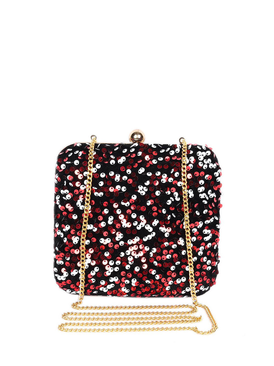 REZZY Black & Red Embellished Suede Box Clutch