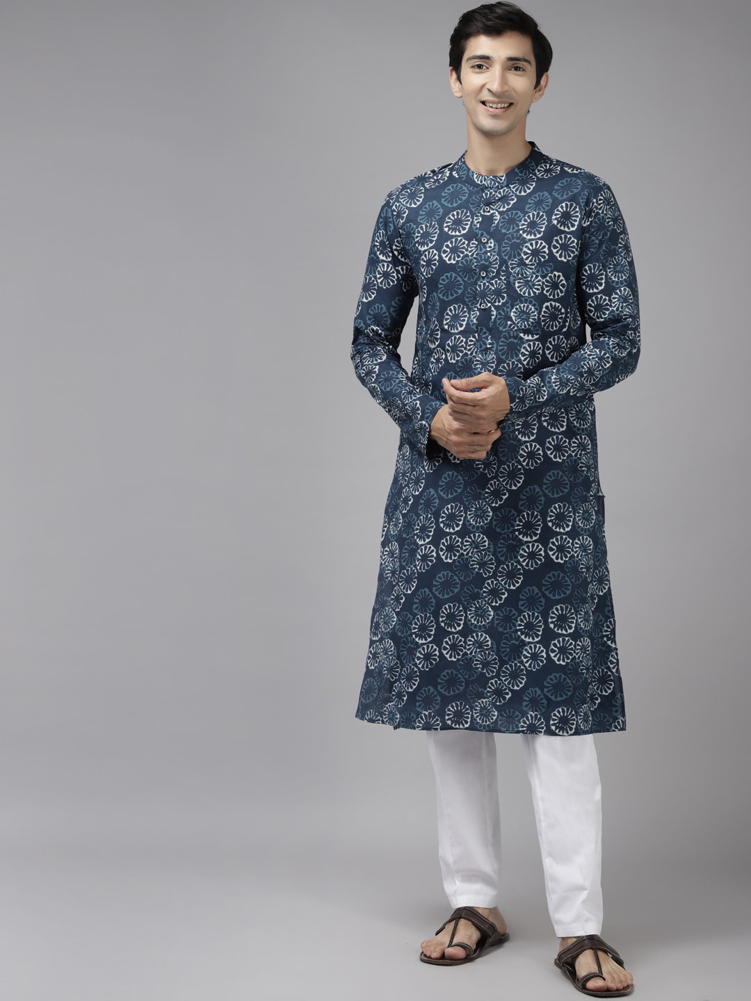 See Designs Men Blue & Off White Printed Straight Cotton Kurta