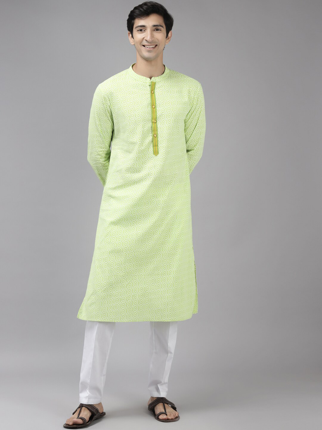 See Designs Men Lime Green Geometric Printed Pure Cotton A-line Kurta