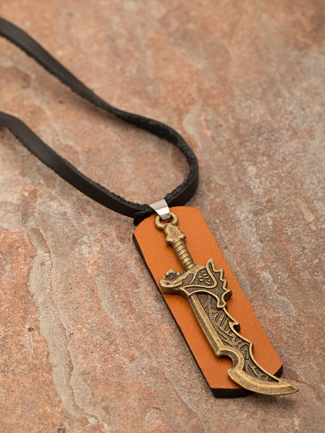 Dare by Voylla Men Gold-Toned & Rust Designer Sword Detailing Pendant With Leather Chain