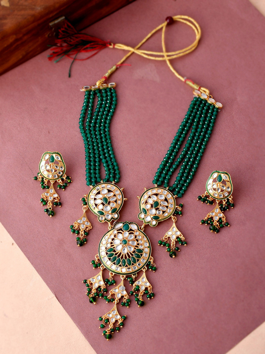 Silvermerc Designs Gold-Plated White & Green Quartz-Studded Beaded Jewellery Set