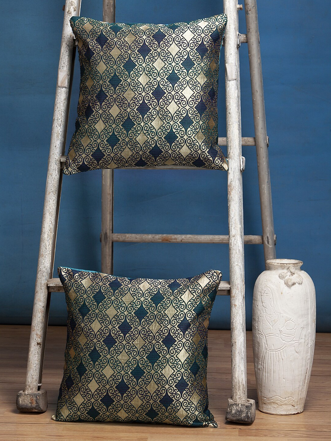 Alina decor Teal Geometric Brocade Washable 2 Piece Zari Square Cushion Covers -24x24In