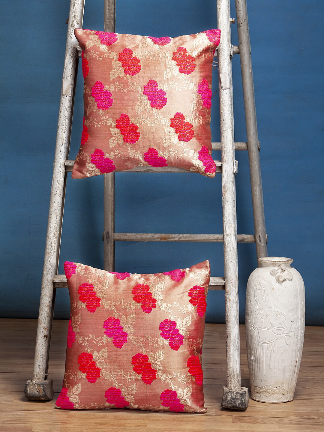 Alina decor Pink Floral Brocade Washable 2 Piece Zari Square Cushion Covers -24x24In