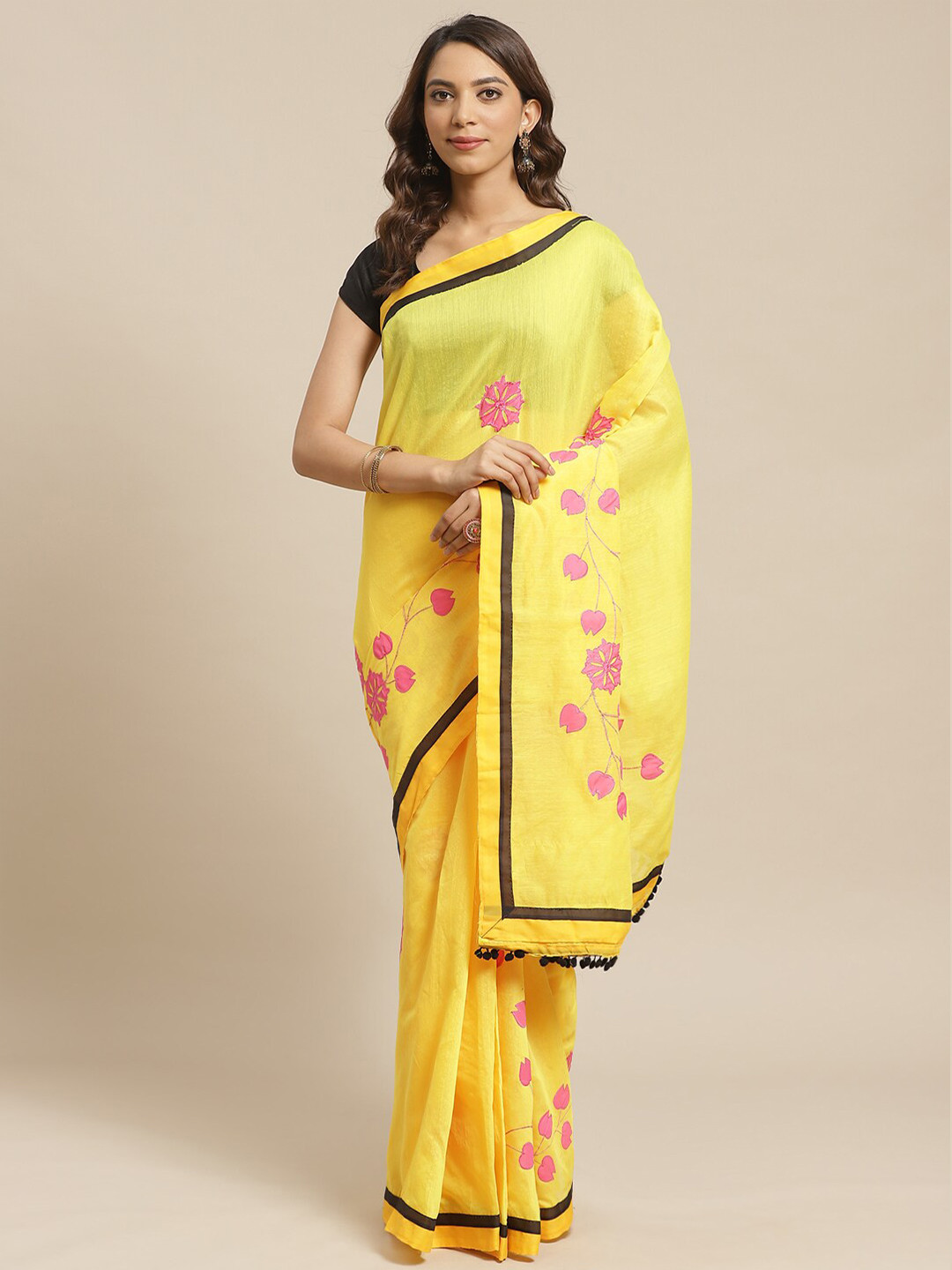 Laa Calcutta Yellow & Pink Floral Patchwork Handwoven Silk Cotton Taant Saree