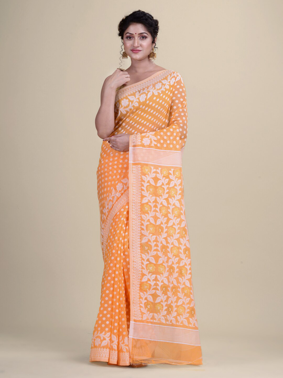 Laa Calcutta Orange & Off White Woven Design Silk Cotton Jamdani Saree