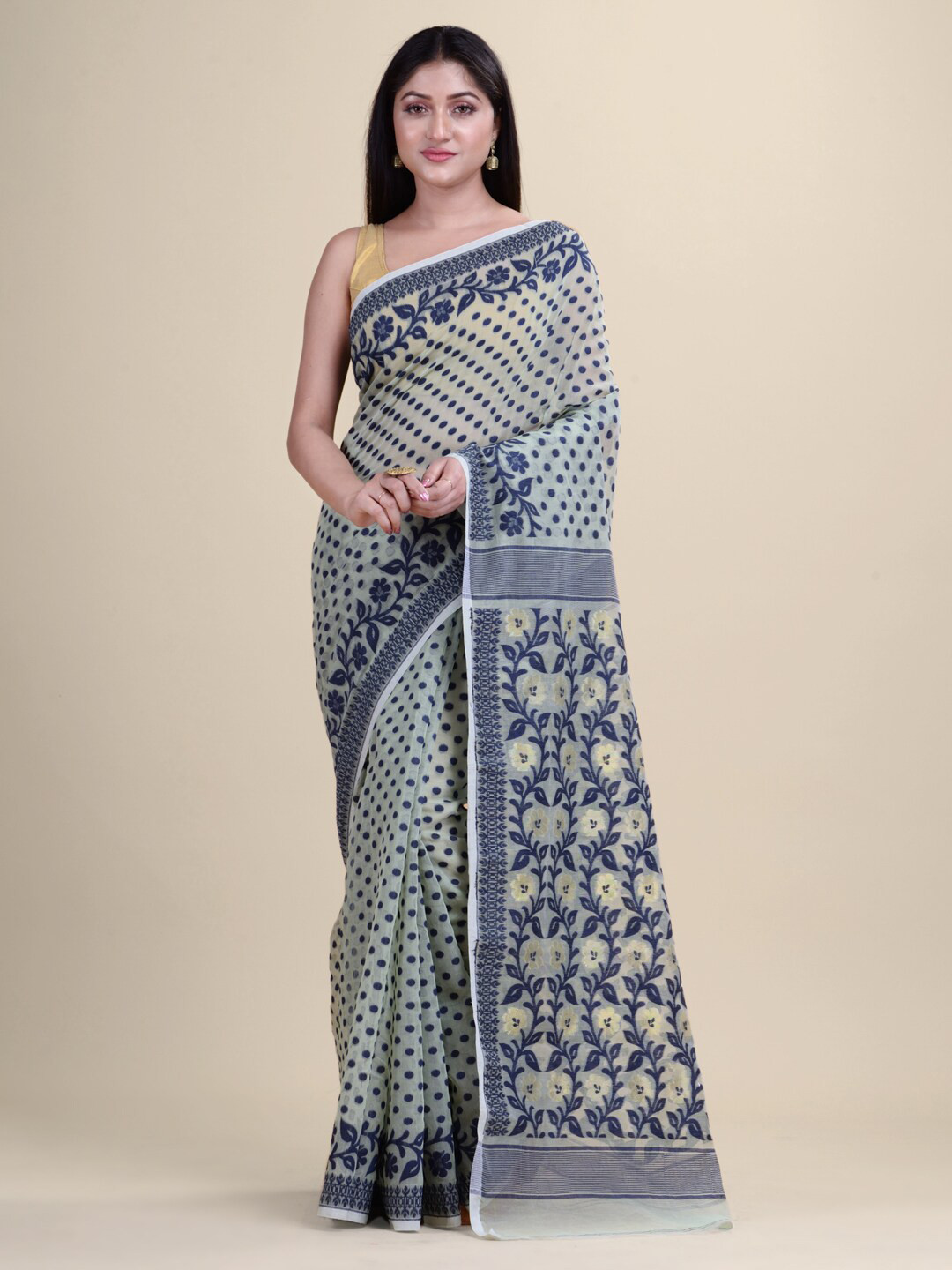 Laa Calcutta Mint Green & Navy Blue Ethnic Motifs Silk Cotton Jamdani Saree