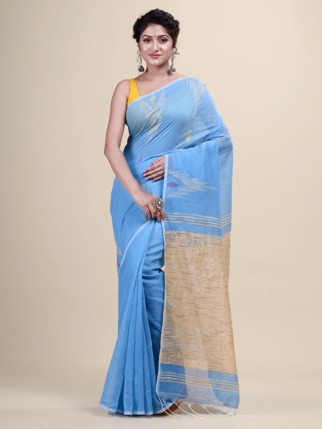Laa Calcutta Blue & Gold-Toned Woven Design Gheacha Silk Taant Saree