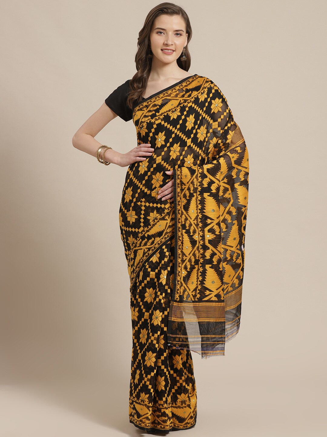 Laa Calcutta Black & Yellow Silk Cotton Handwoven Jamdani Saree