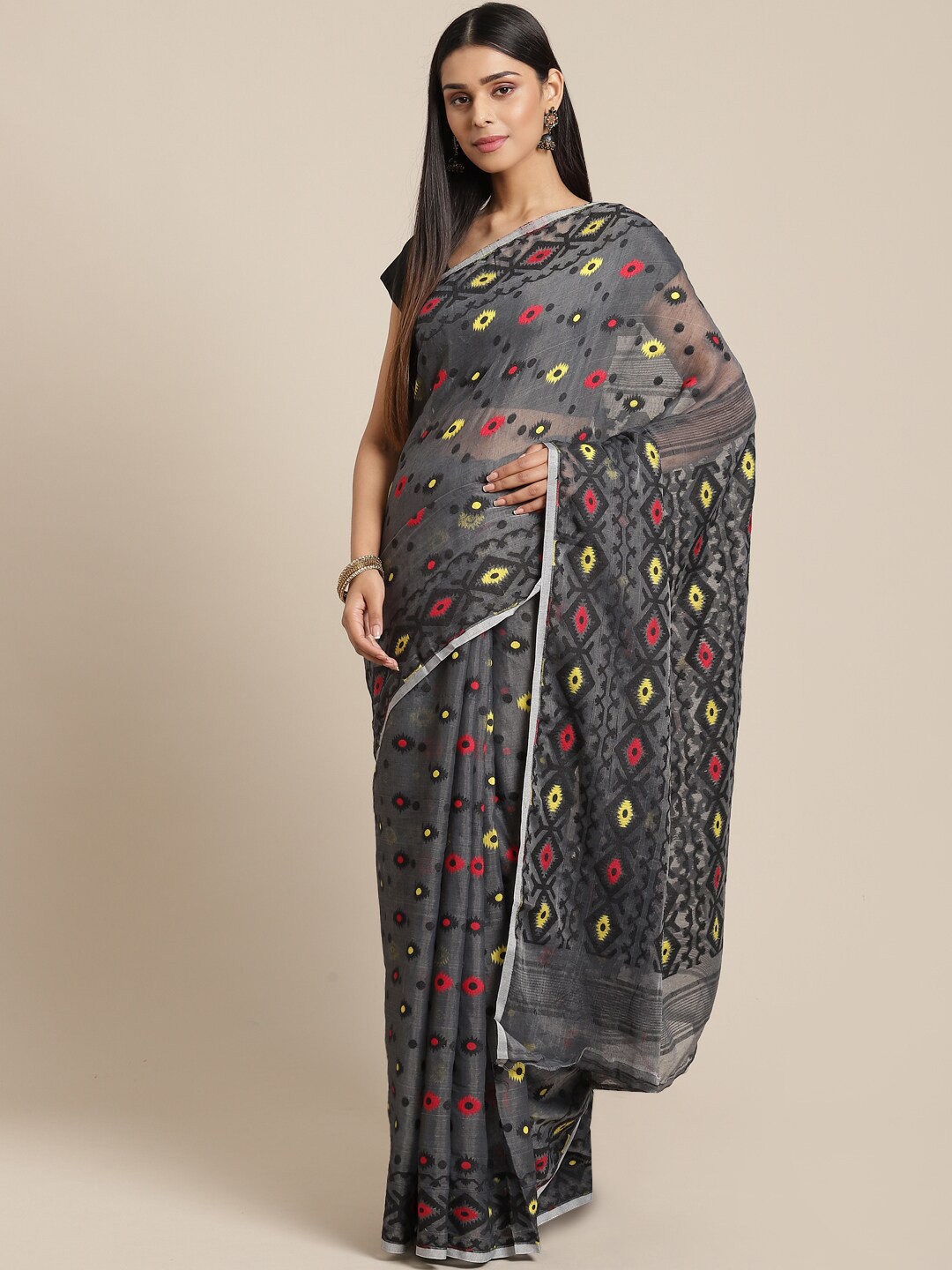 Laa Calcutta Grey & Black Floral Silk Cotton Jamdani Handloom Saree