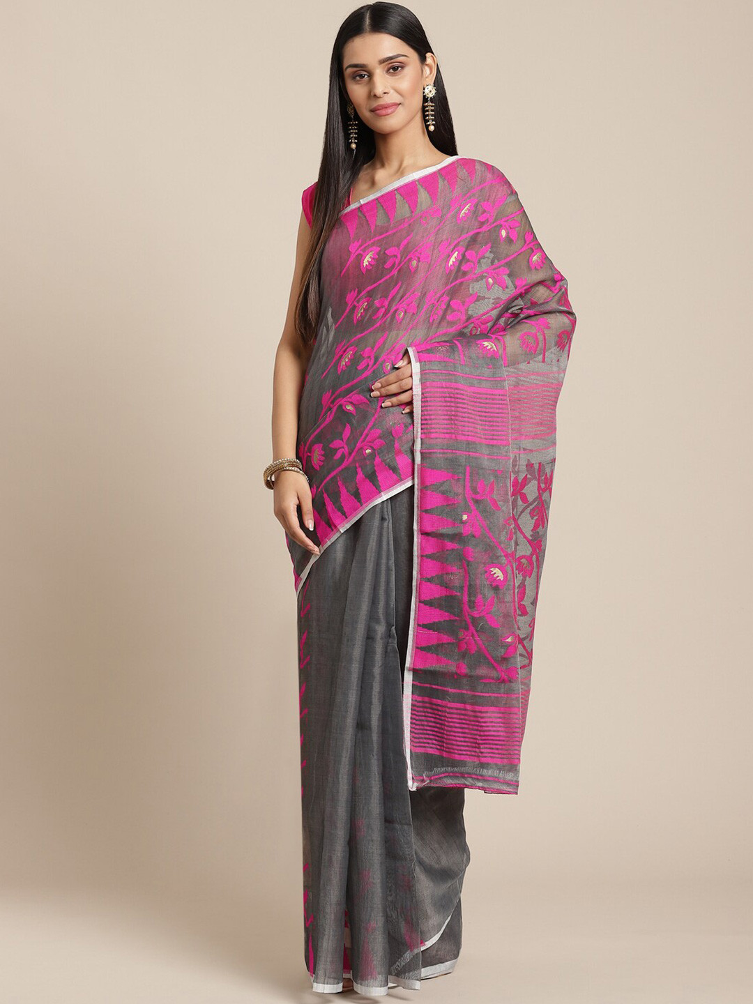 Laa Calcutta Grey & Pink Woven Design Silk Cotton Jamdani Saree