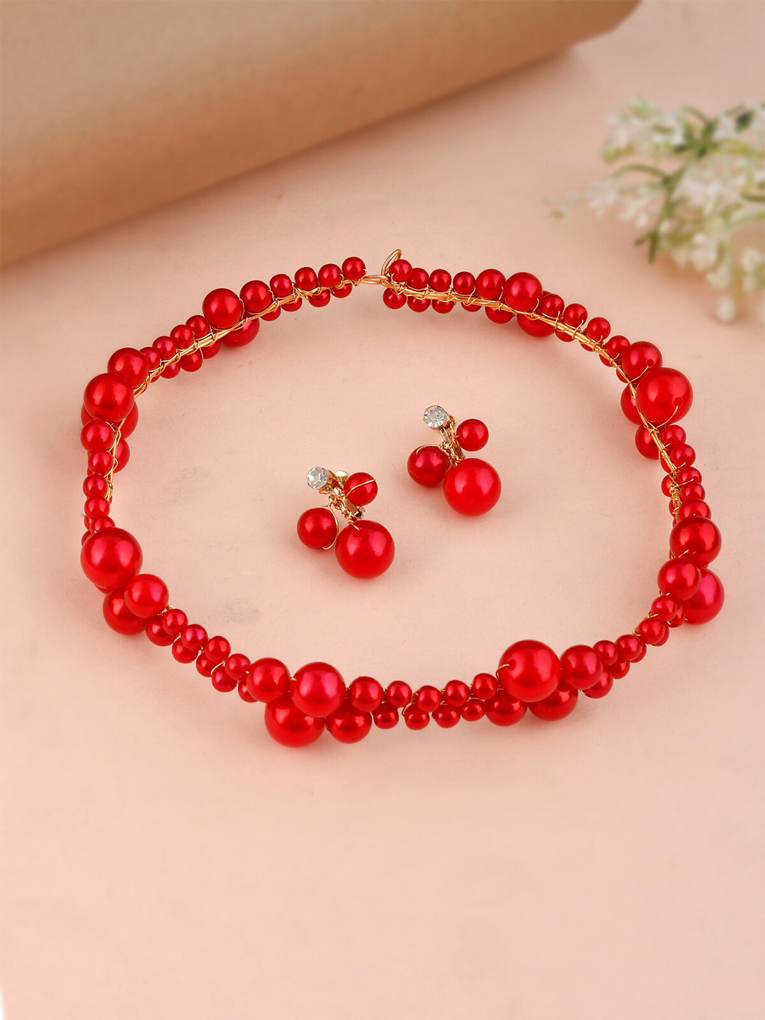 AQUASTREET Women Red Set of 2 Beaded Hairband With Earrings