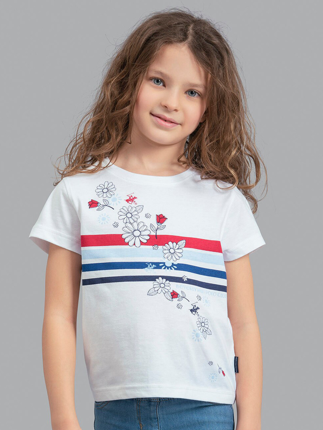 Beverly Hills Polo Club Girls White & Red Floral Printed T-shirt