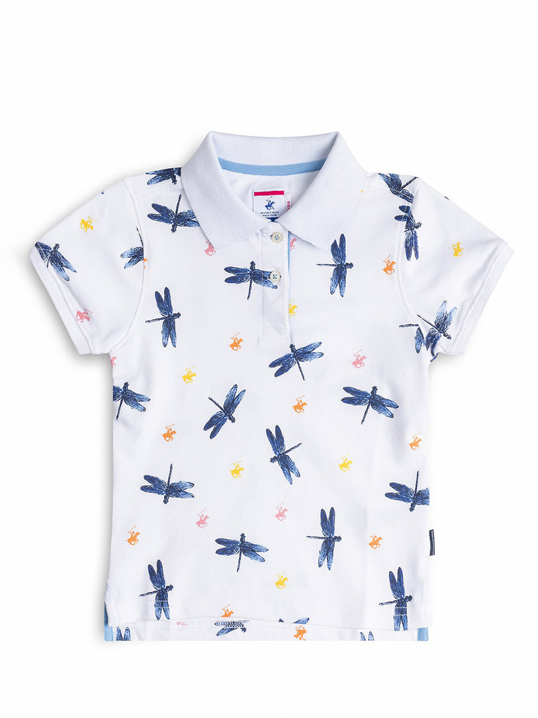 Beverly Hills Polo Club Girls White & Blue Printed Polo Collar Cotton T-shirt