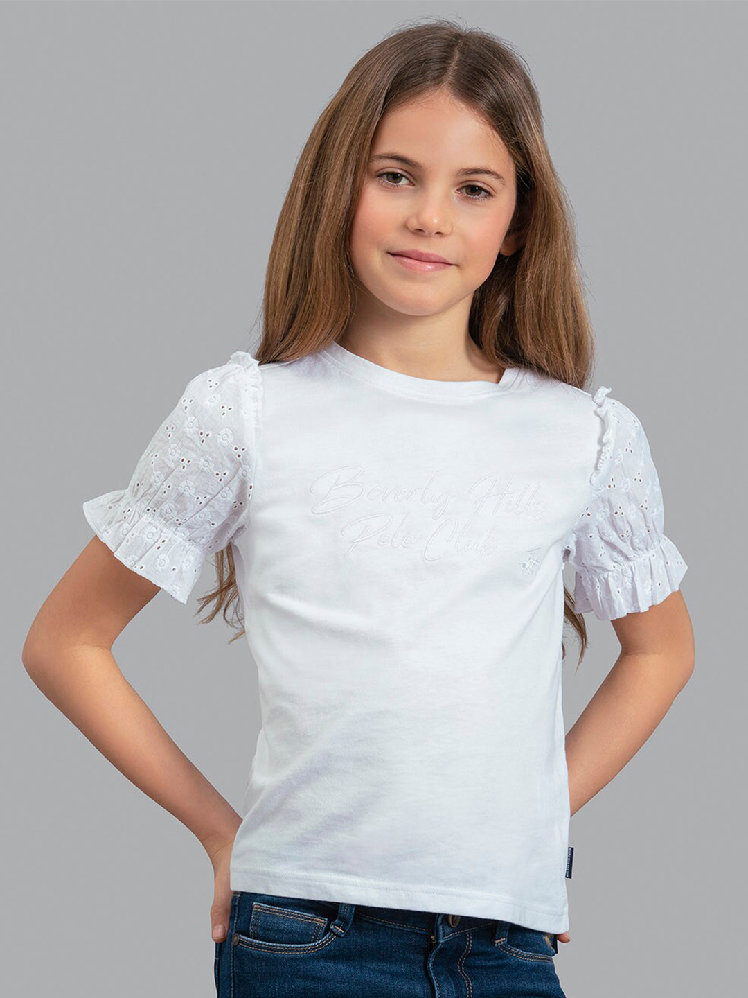 Beverly Hills Polo Club Girls White Typography Puff Sleeves T-shirt